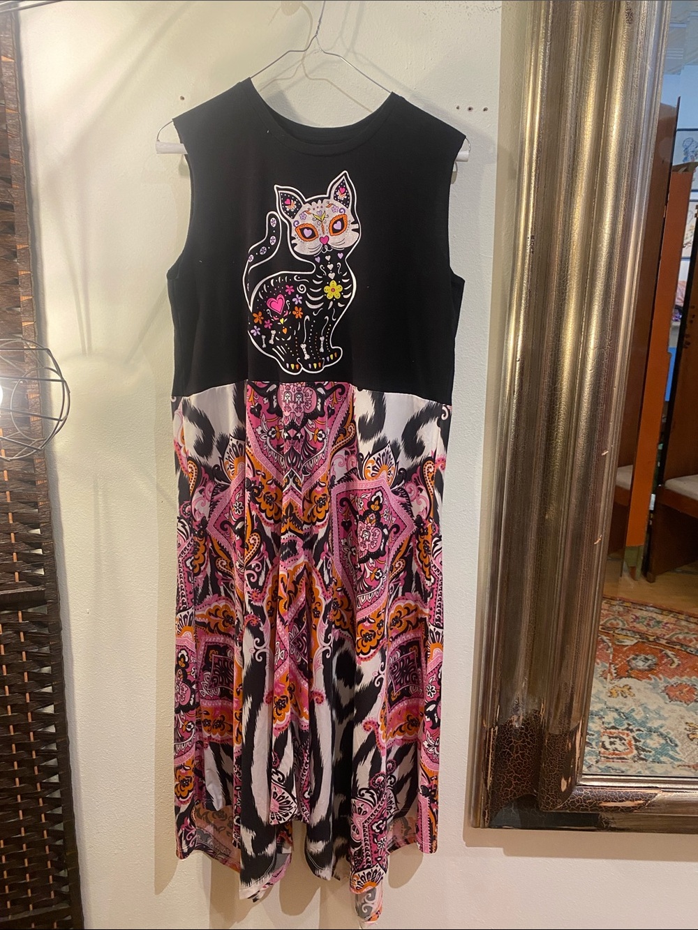 OOAK Upcycled Black & Pink Muertos Cat Graphic Sleeveless Midi Dress
